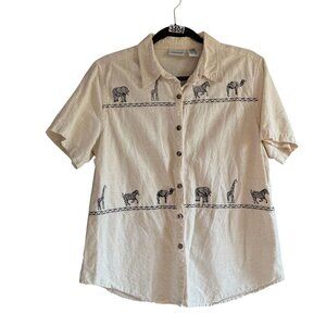 Cabin Creek Cotton Linen Blend Safari Animals Button Front Shirt Top Large
